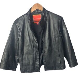 Isaac Mizrahi Black Genuine Leather Jacket Coat Buttons Modern Style Size Large